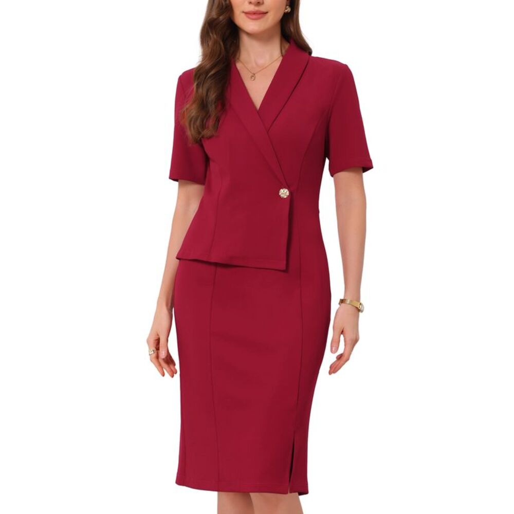 Women Office Faux Wrap Lapel V Neck Short Sleeve Dress Dark Red